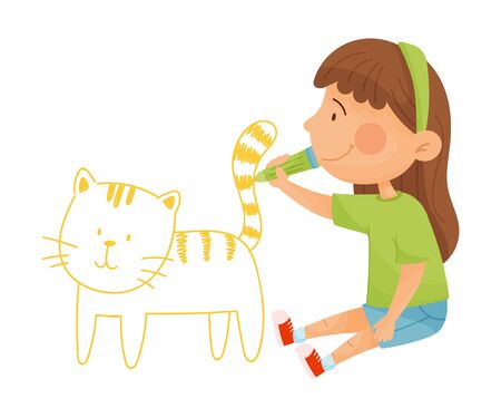 Smiling Girl Drawing Cat with Felt Pen or Pencil on the Wall Vector Illustrationのイラスト素材