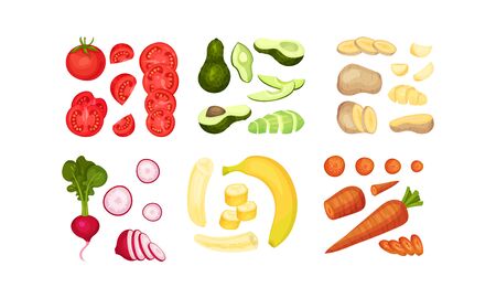 Chopped Vegetables and Fruits for Cooking Isolated on White Background Vector Setのイラスト素材