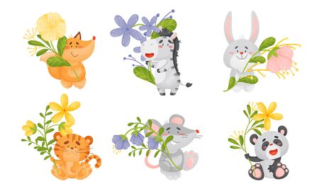 Cute Animals Holding Flower on Stalk with Their Paws Vector Setのイラスト素材