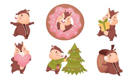 Fluffy Chipmunk Carrying Gift Box and Decorating Christmas Tree Vector Set. Small Forest Rodent with Red Cheeks for Kids Bookのイラスト素材