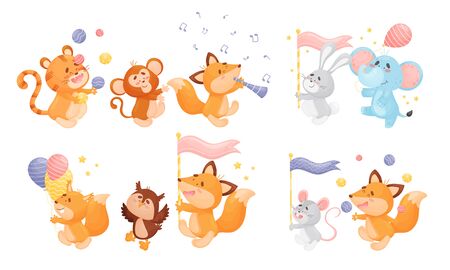 Animals Playing Flute, Carrying Flags and Juggling the Balls Vector Set. Funny Zoo Creatures Giving Performance Conceptのイラスト素材