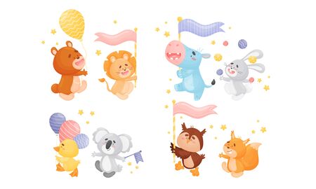 Animals Carrying Flags and Juggling the Balls Vector Set. Funny Zoo Creatures Giving Performance Conceptのイラスト素材
