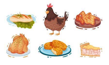 Chicken Food and Snacks with Fried Wings and Roast Chicken Vector Setのイラスト素材