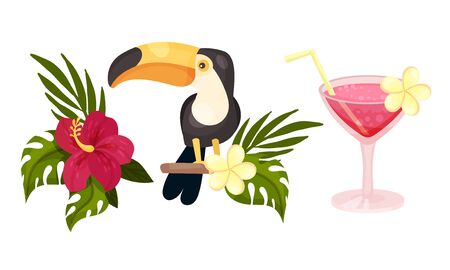 Hawaiian Beach Attributes and Tropical Symbols with Cocktail and Toucan Bird Vector Setのイラスト素材