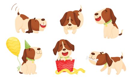 Cute Spotted Puppy Wriggling the Tail and Carrying Bone Vector Setのイラスト素材
