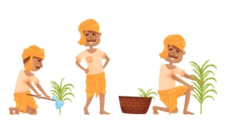 Indian Farmer Wearing Turban Cultivating Plants and Soil Vector Setのイラスト素材