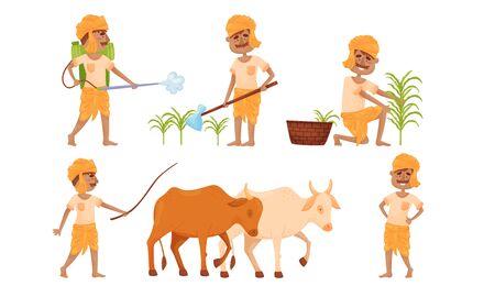 Indian Farmer Wearing Turban Cultivating Plants and Soil Vector Set. Male with Mustache Engaged in Agricultural Work on Plantationのイラスト素材