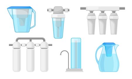 Portable Water Filters or Water Purifiers for Making Liquid Accessible for Drinking Vector Setのイラスト素材