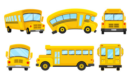 Yellow School Bus Viewed from Different Angles Vector Setのイラスト素材
