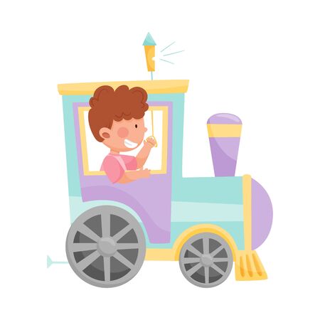 Cheerful Boy Riding Toy Train or Having Fairground Ride Vector Illustrationのイラスト素材