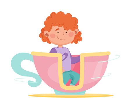 Cute Girl Having Fairground Ride in Large Cup Vector Illustrationのイラスト素材