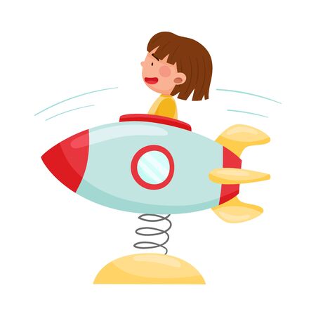 Joyful Girl Having Fairground Ride on Bouncing Rocket Vector Illustrationのイラスト素材
