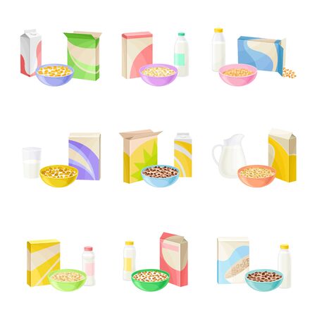 Bowls of Breakfast Cereal with Milk and Yogurt Vector Set. Sweet Multigrain Proteinic Morning Mealのイラスト素材