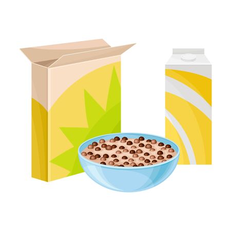 Bowl of Breakfast Cereal with Milk and Carton Package Rested Nearby Vector Illustrationのイラスト素材
