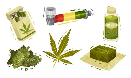 Cannabis Plant as Cosmetic and Smoking Product Vector Setのイラスト素材
