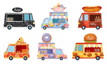 Street Food Vans Selling Sweet Doughnuts and Burgers Vector Setのイラスト素材
