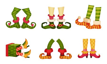 Elf Legs in Shoes with Crooked Toes and Ornamental Pants or Socks Vector Setのイラスト素材