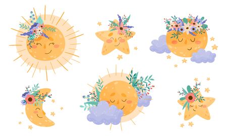Cartoon Moon and Sun Shining at Night and By Day Vector Set. Solar Characters Illustrations for Kids Bookのイラスト素材
