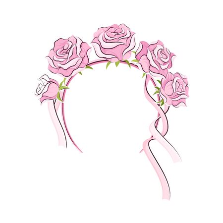 Pink Headband with Rose Flowers and Long Satin Ribbons as Ballet Accessory Vector Illustrationのイラスト素材