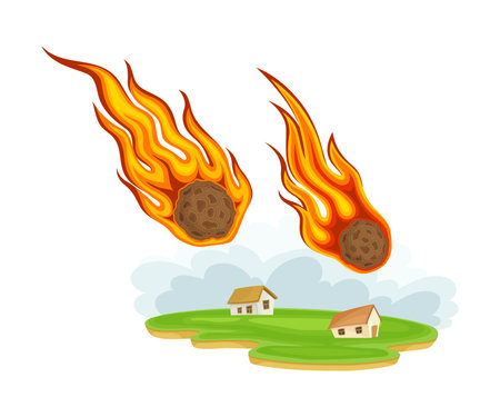 Air Stones Flying with Flame Tails as Natural Cataclysm Vector Illustration. Extremal Weather Condition and Environmental atastropheのイラスト素材