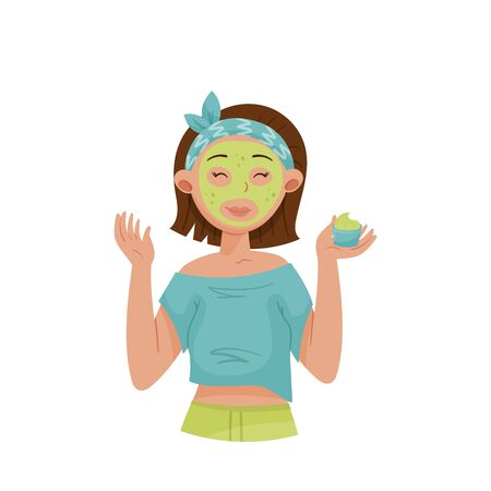 Young Girl with Short Hair Applying Cosmetic Facial Mask Vector Illustrationのイラスト素材