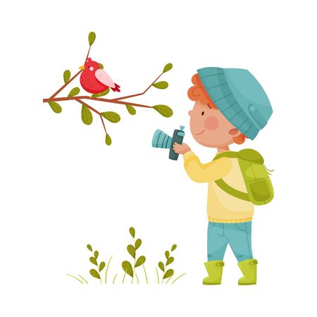 Cute Boy Standing and Taking Photo of Bird Vector Illustrationのイラスト素材