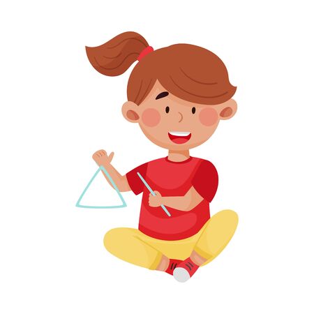 Cute Girl Sitting and Playing Triangle Vector Illustration. Smiling Kid with Musical Instrument Performing Musicのイラスト素材