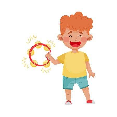 Red Haired Little Boy Playing Tambourine Vector Illustration. Smiling Kid Performing Musicのイラスト素材