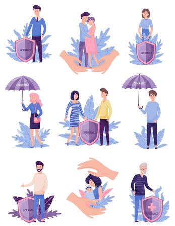 People Characters Under Umbrellas as Symbol of Insurance Service for Proper Health Vector Illustrations Set. Hands Guarding Man and Woman. Healthcare Conceptのイラスト素材