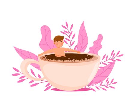 Young Man Character Bathing in Huge Coffee Cup with Floral Backdrop Vector Illustrationのイラスト素材