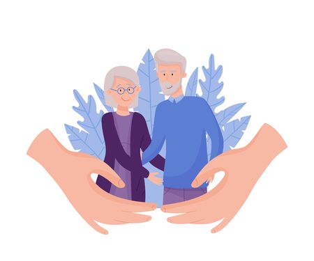 Senior Man and Woman Standing Together and Hands Guarding Them Vector Illustrationのイラスト素材