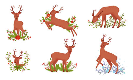 Deer with Antlers Standing in Floral Branches Vector Setのイラスト素材