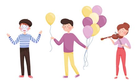 Young Street Performers with Girl Playing Violin and Boy Miming Vector Setのイラスト素材