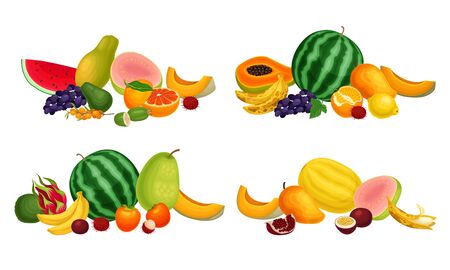 Exotic Fruits Composition with Watermelon and Papaya Vector Setのイラスト素材