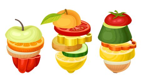 Sliced Fruits and Vegetables Arranged in Pile Vector Setのイラスト素材