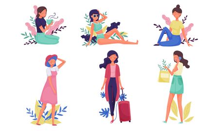 Young Woman Walking and Speaking by Phone with Floral Twigs and Branches Behind Vector Illustration Setのイラスト素材