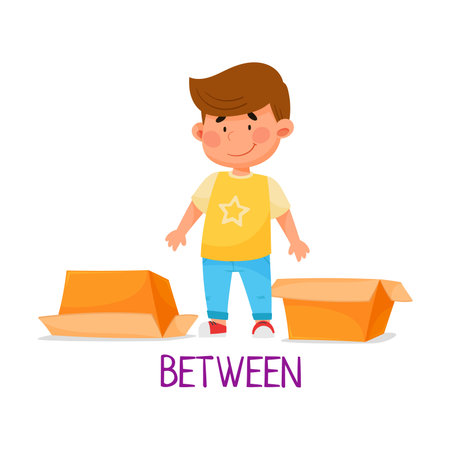 Cheerful Boy Standing Between Carton Boxes as Preposition of Place Vector Illustration