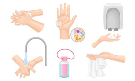 Hands Washing and Cleansing Using Soap Dispenser and Antibacterial Wet Wipes Vector Illustrations Set. Hand Hygiene and Bacterial Purification Conceptのイラスト素材