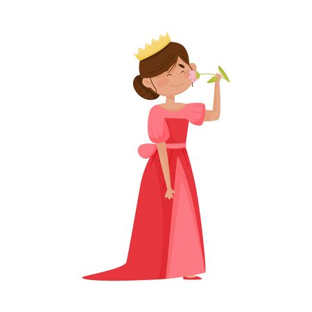 Smiling Princess with Dark Hair Wearing Crown and Dressy Look Garment Smelling Flower Vector Illustrationのイラスト素材