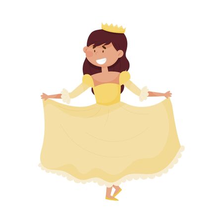 Little Princess with Dark Hair Wearing Crown and Dressy Look Garment Vector Illustration. Young Pretty Queen Dressed for Royal Ball or Carnival Conceptのイラスト素材