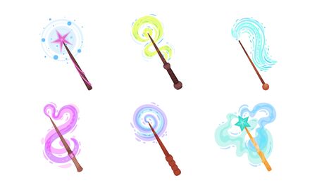 Magic Wands with Fairy Dust and Glow Swirling Around Vector Setのイラスト素材