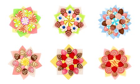 Bouquet of Sweets and Strawberry Covered with Chocolate in Paper Wrap View from Above Vector Setのイラスト素材
