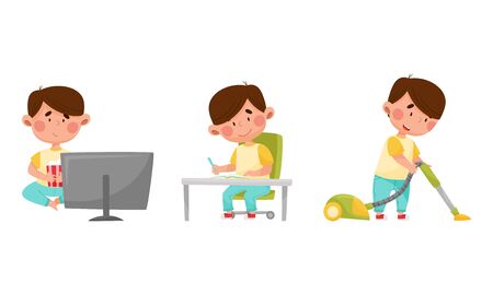 Cute Boy Character Watching Cartoon Film, Doing His Homework and Vacuum Cleaning Vector Illustrations Setのイラスト素材