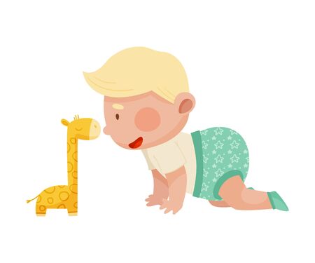 Baby Boy Crawling on the Floor with His Stuffed Toy Giraffe Vector Illustrationのイラスト素材