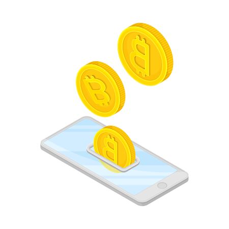 Smartphone with Bitcoin Gold Coins Going Through as Online Payment Vector Isometric Illustrationのイラスト素材