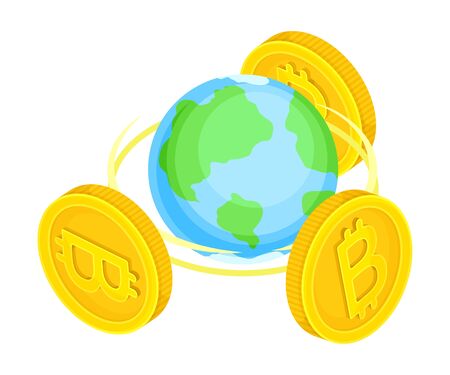 Bitcoin Gold Coins Rotating Around Globe Vector Isometric Illustrationのイラスト素材