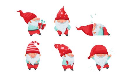 Fantastic Gnome or Dwarf Character with Red Hat and White Beard Sleeping and Carrying Gift Box Vector Setのイラスト素材