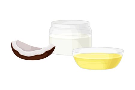 Cracked Coconut with Hard Shell Bowls with Extracted Milk and Oil Vector Illustrationのイラスト素材