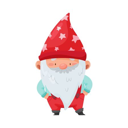 Fantastic Gnome Character with White Beard and Red Pointed Hat Standing with Hands on Hips Vector Illustrationのイラスト素材