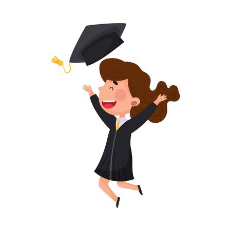 Girl Character in Academic Gown and Square Cap Cheering About Graduation Ceremony Vector Illustrationのイラスト素材
